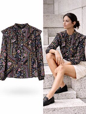 Fate Black Floral Ruffle Blouse Medium